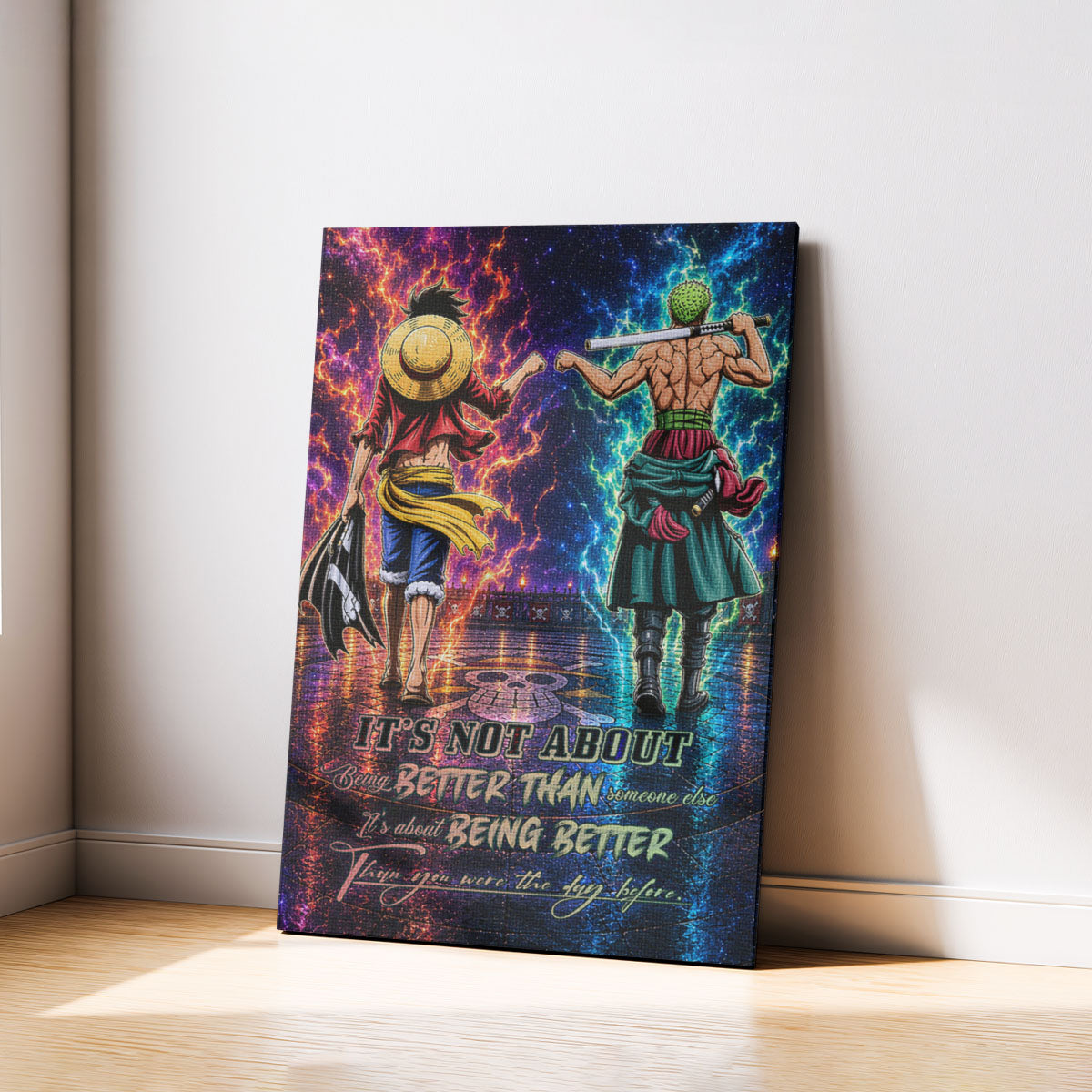 One Piece Luffy Zoro Canvas Wall Art - Being Better Than Yesterday - Motivational Quote Poster & Framed Ready to Hang Living Room Man Cave Decor - OP009