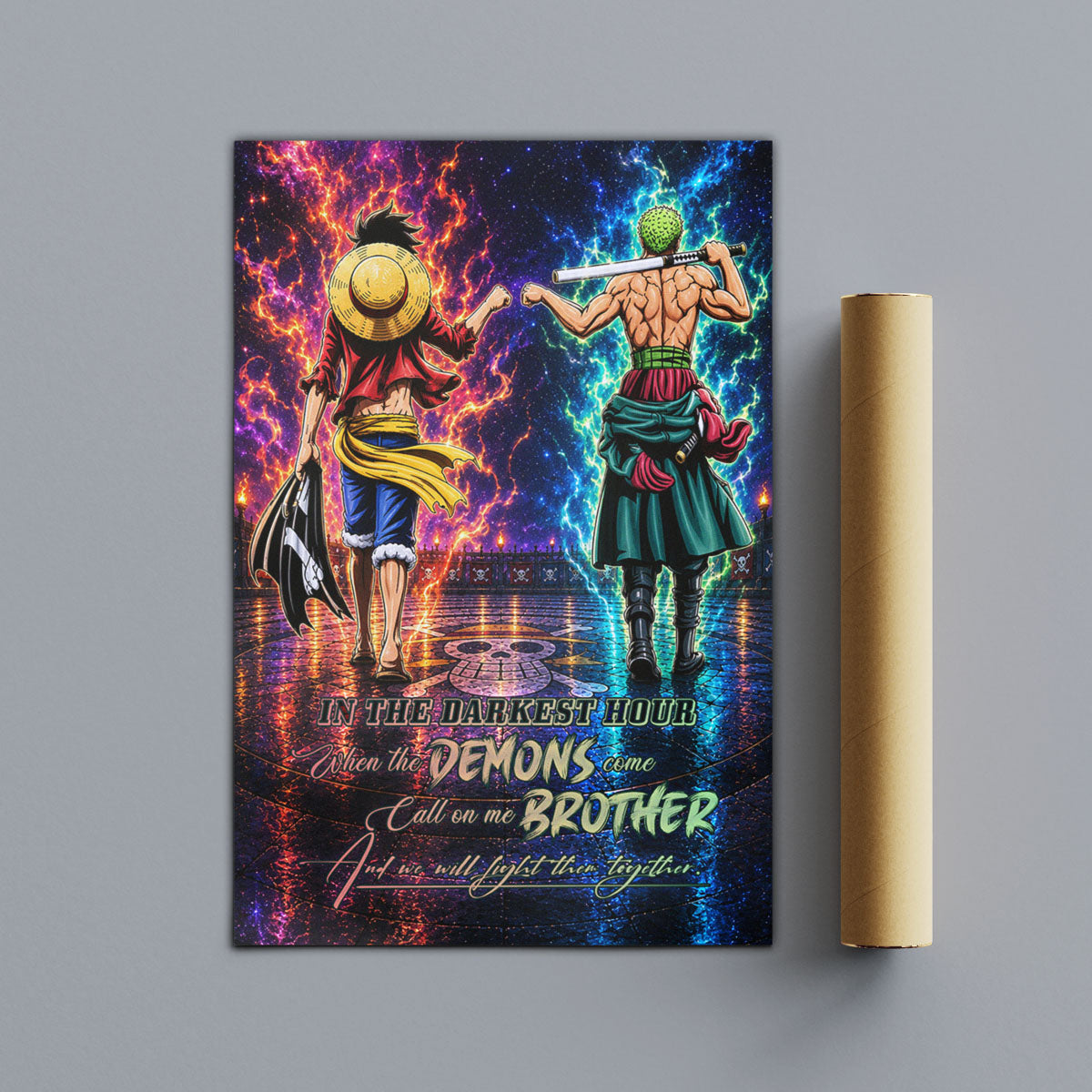 One Piece Luffy Zoro Canvas Wall Art - Call On Me Brother - Brotherhood Quote Poster & Framed Ready to Hang Living Room Man Cave Decor - OP010