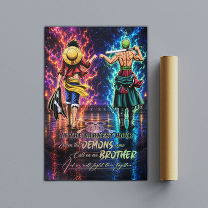 One Piece Luffy Zoro Canvas Wall Art - Call On Me Brother - Brotherhood Quote Poster & Framed Ready to Hang Living Room Man Cave Decor - OP010