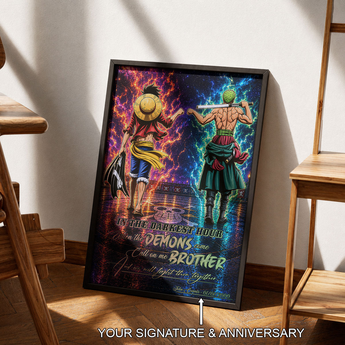 One Piece Luffy Zoro Canvas Wall Art - Call On Me Brother - Brotherhood Quote Poster & Framed Ready to Hang Living Room Man Cave Decor - OP010