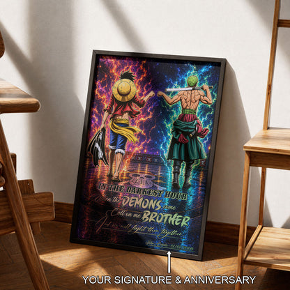One Piece Luffy Zoro Canvas Wall Art - Call On Me Brother - Brotherhood Quote Poster & Framed Ready to Hang Living Room Man Cave Decor - OP010