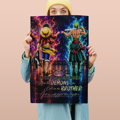 One Piece Luffy Zoro Canvas Wall Art - Call On Me Brother - Brotherhood Quote Poster & Framed Ready to Hang Living Room Man Cave Decor - OP010