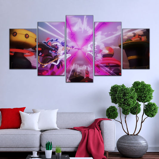 One Piece Canvas Wall Art - Luffy Gear 5 Vs Rob Lucci 5 Piece Split Panel Anime Poster - Framed Ready to Hang Living Room & Man Cave Decor - OP5001