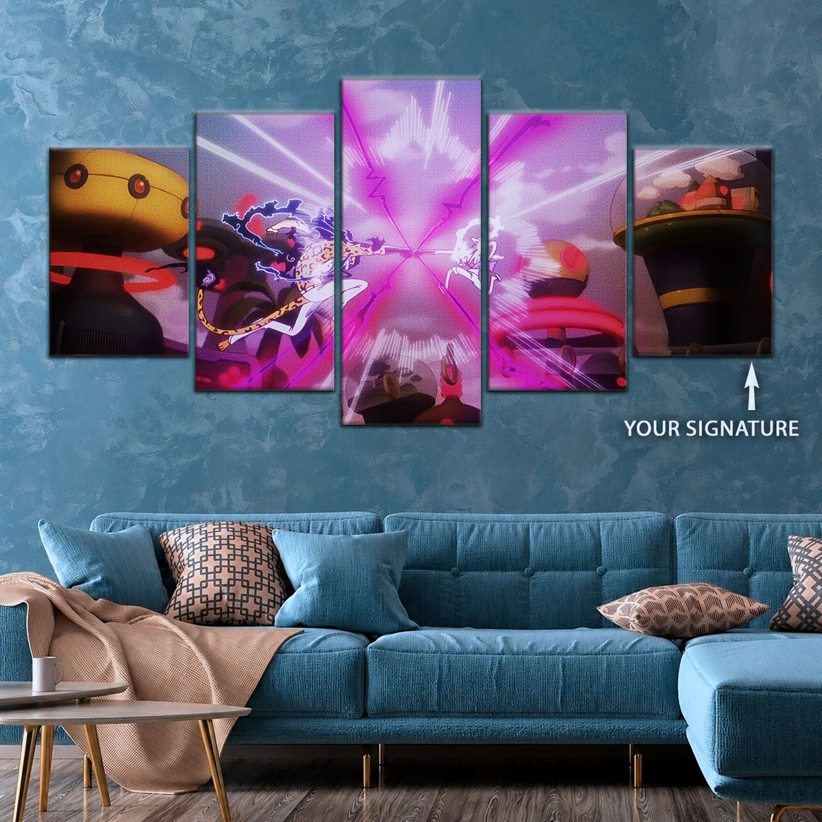 One Piece Canvas Wall Art - Luffy Gear 5 Vs Rob Lucci 5 Piece Split Panel Anime Poster - Framed Ready to Hang Living Room & Man Cave Decor - OP5001