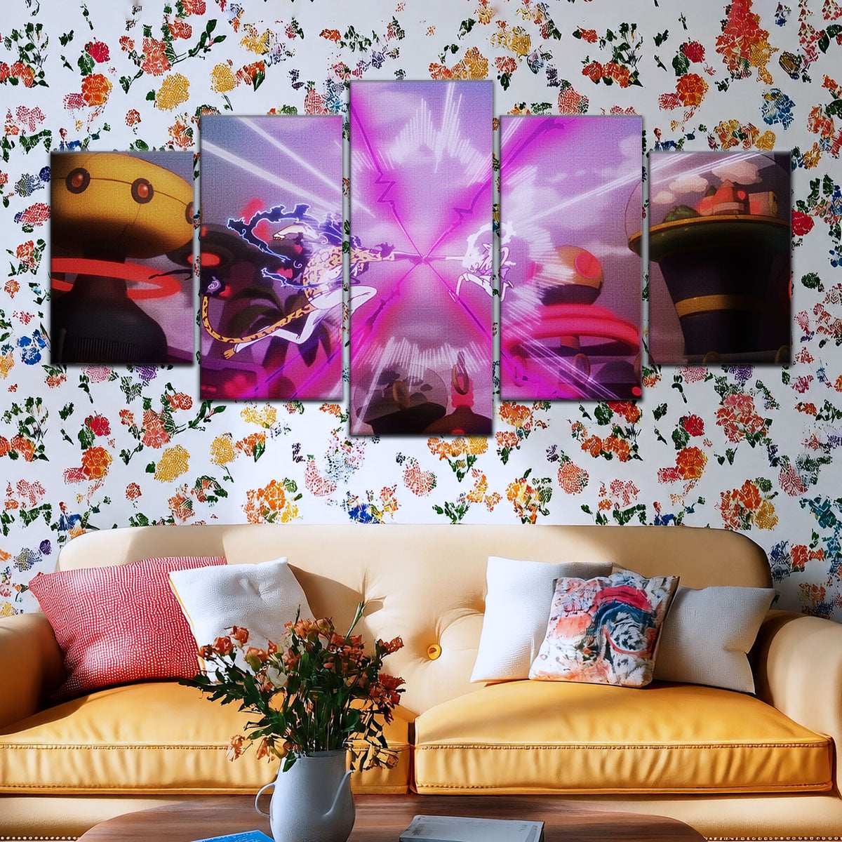 One Piece Canvas Wall Art - Luffy Gear 5 Vs Rob Lucci 5 Piece Split Panel Anime Poster - Framed Ready to Hang Living Room & Man Cave Decor - OP5001