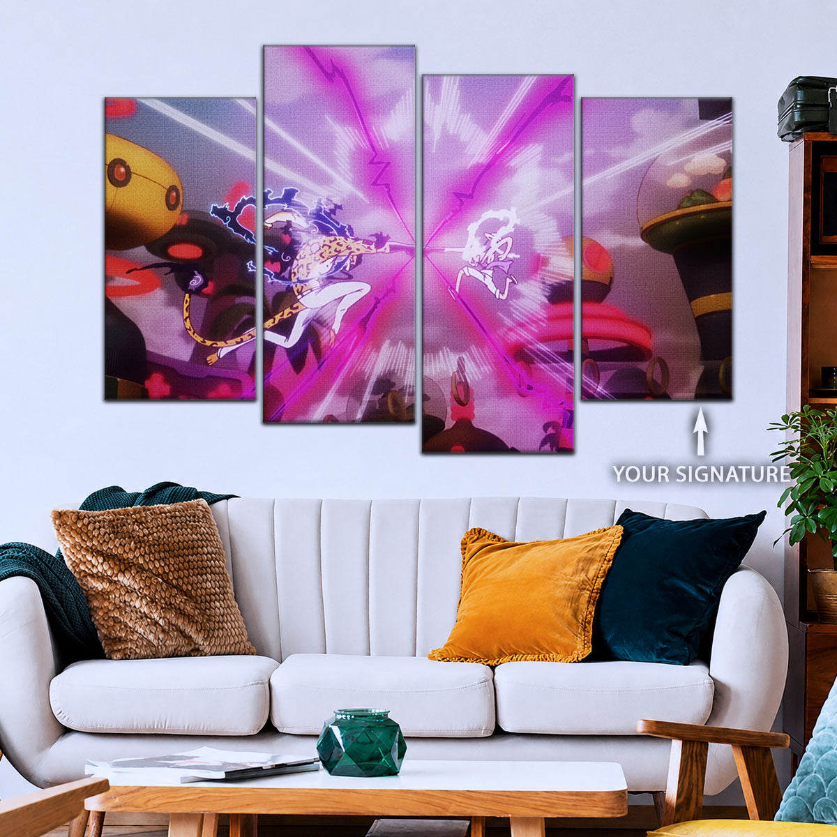 One Piece Canvas Wall Art - Luffy Gear 5 Vs Rob Lucci 5 Piece Split Panel Anime Poster - Framed Ready to Hang Living Room & Man Cave Decor - OP5001