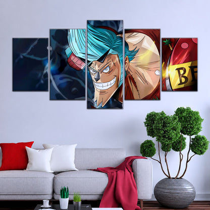 One Piece Canvas Wall Art - Cyborg Franky 5 Piece Split Panel Anime Poster - Framed Ready to Hang Living Room & Man Cave Decor - OP5002