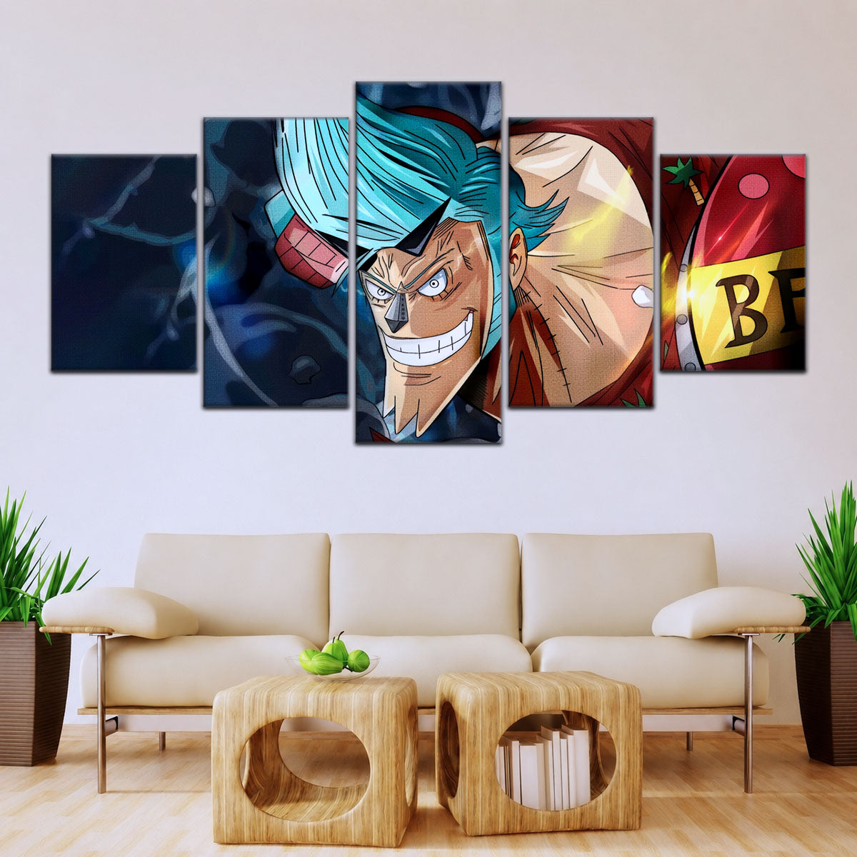 One Piece Canvas Wall Art - Cyborg Franky 5 Piece Split Panel Anime Poster - Framed Ready to Hang Living Room & Man Cave Decor - OP5002
