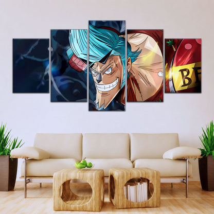 One Piece Canvas Wall Art - Cyborg Franky 5 Piece Split Panel Anime Poster - Framed Ready to Hang Living Room & Man Cave Decor - OP5002