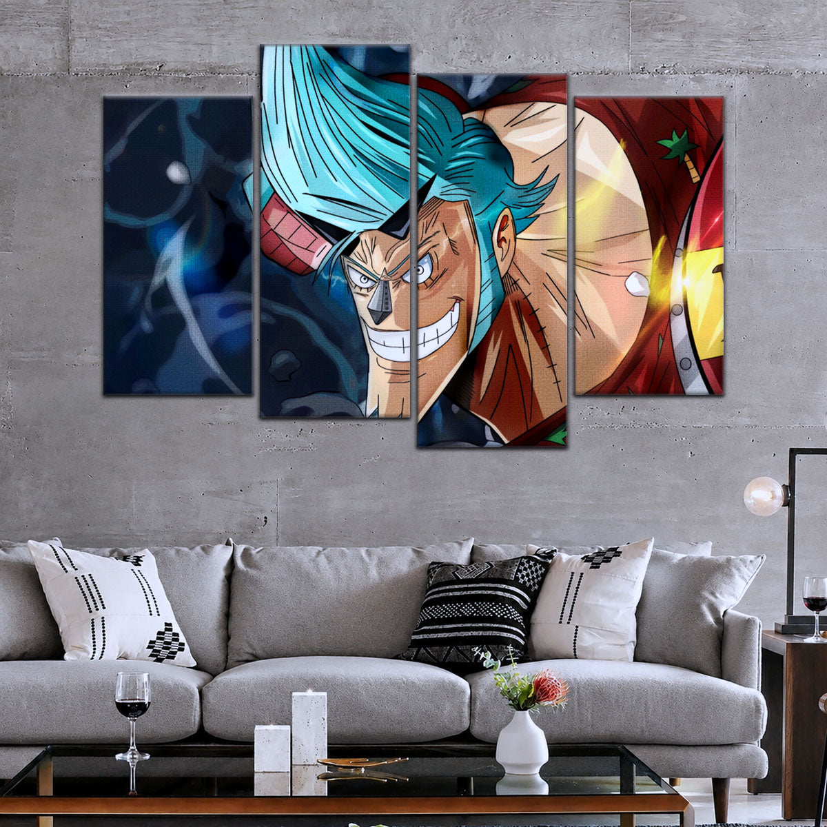 One Piece Canvas Wall Art - Cyborg Franky 5 Piece Split Panel Anime Poster - Framed Ready to Hang Living Room & Man Cave Decor - OP5002