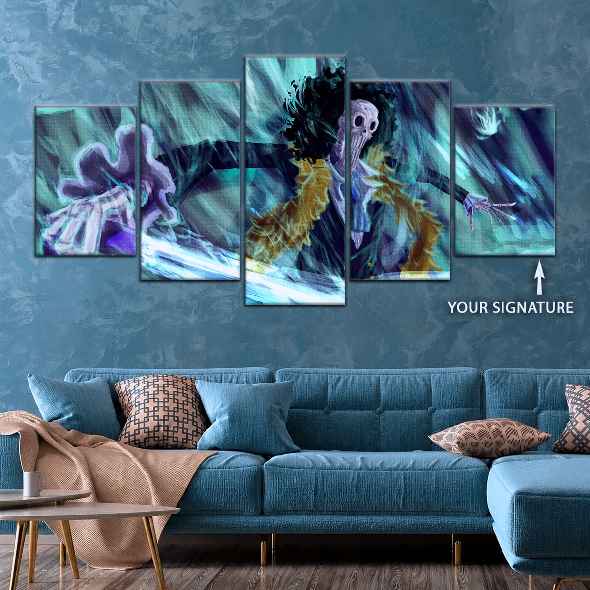 One Piece Canvas Wall Art - Brook "Soul King" 5 Piece Split Panel Anime Poster - Framed Ready to Hang Living Room & Man Cave Decor - OP5005