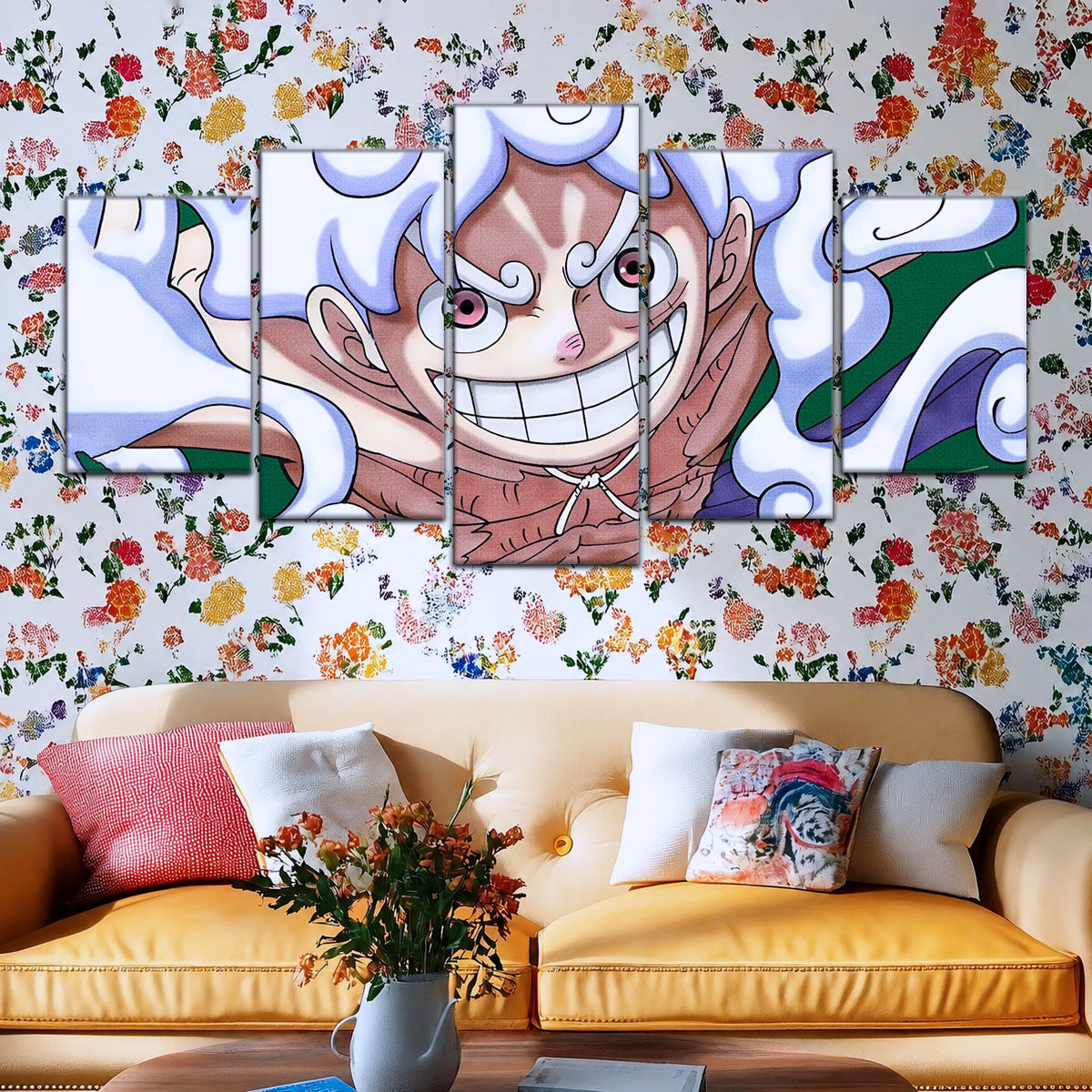 One Piece Canvas Wall Art - Luffy Gear Fifth 5 Piece Split Panel Anime Poster - Framed Ready to Hang Living Room & Man Cave Decor - OP5007