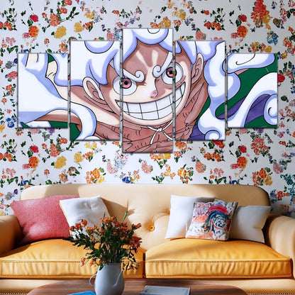 One Piece Canvas Wall Art - Luffy Gear Fifth 5 Piece Split Panel Anime Poster - Framed Ready to Hang Living Room & Man Cave Decor - OP5007