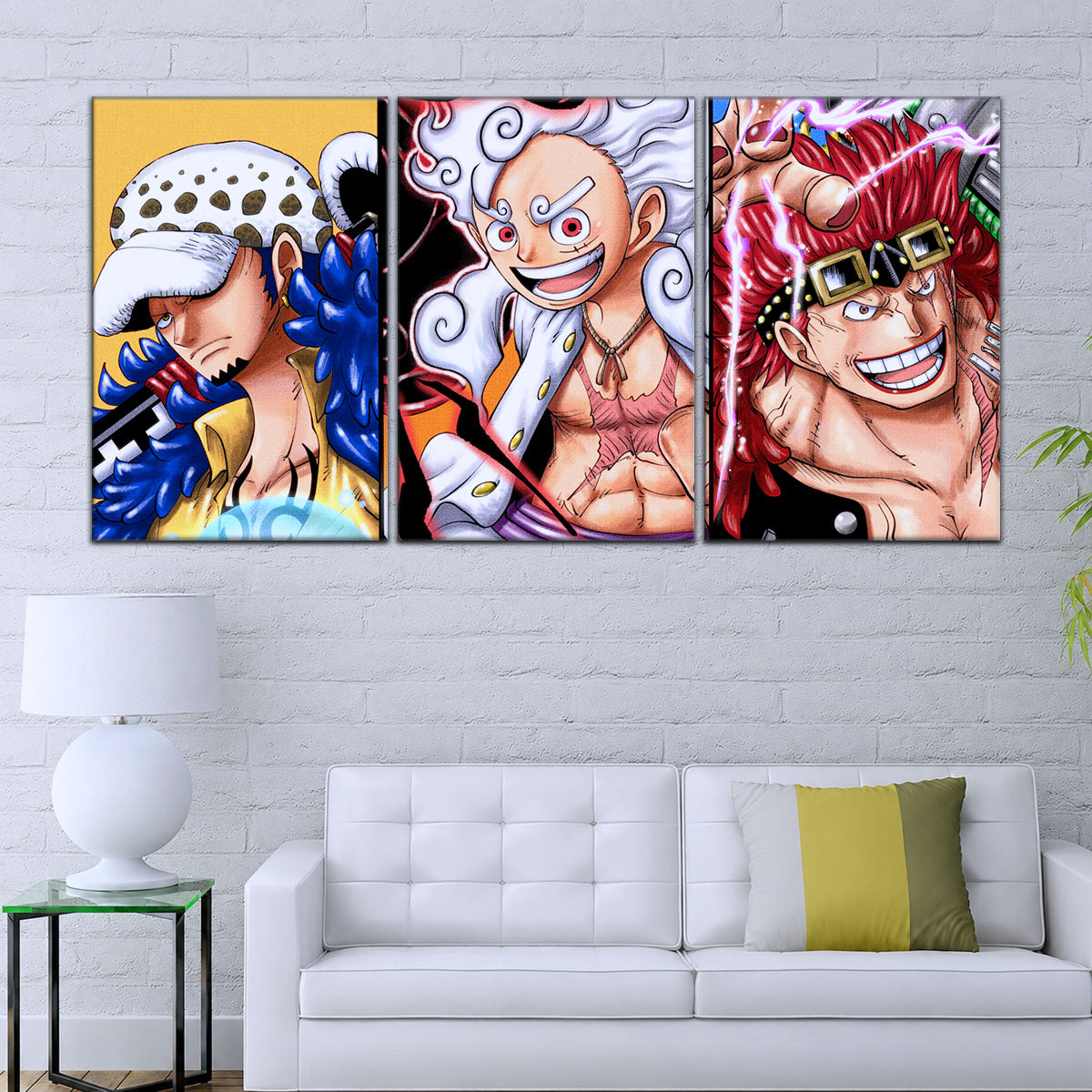 One Piece Wano Trio Canvas Wall Art - Luffy Gear 5, Law & Kid 5 Piece Split Panel Anime Poster - Framed Ready to Hang Living Room & Man Cave Decor - OP5008