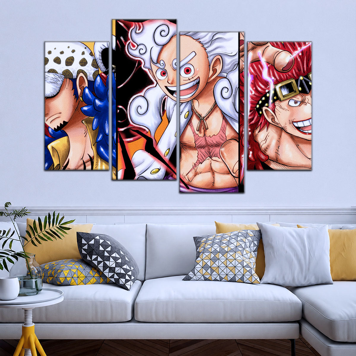 One Piece Wano Trio Canvas Wall Art - Luffy Gear 5, Law & Kid 5 Piece Split Panel Anime Poster - Framed Ready to Hang Living Room & Man Cave Decor - OP5008
