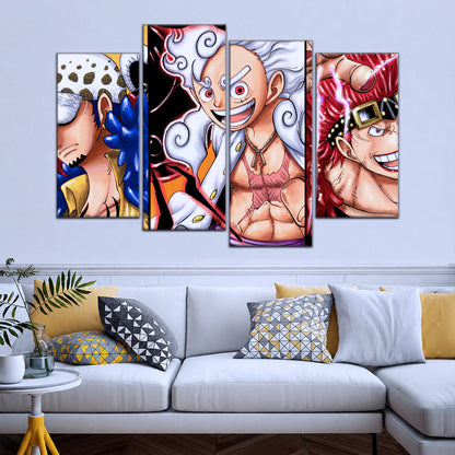 One Piece Wano Trio Canvas Wall Art - Luffy Gear 5, Law & Kid 5 Piece Split Panel Anime Poster - Framed Ready to Hang Living Room & Man Cave Decor - OP5008