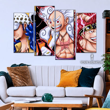 One Piece Wano Trio Canvas Wall Art - Luffy Gear 5, Law & Kid 5 Piece Split Panel Anime Poster - Framed Ready to Hang Living Room & Man Cave Decor - OP5008