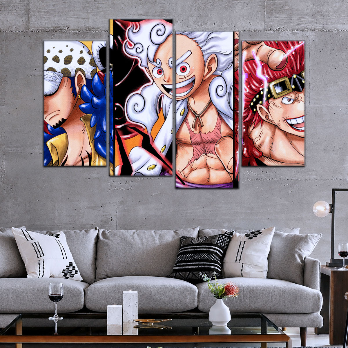 One Piece Wano Trio Canvas Wall Art - Luffy Gear 5, Law & Kid 5 Piece Split Panel Anime Poster - Framed Ready to Hang Living Room & Man Cave Decor - OP5008
