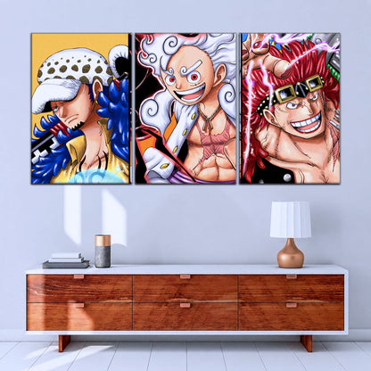 One Piece Wano Trio Canvas Wall Art - Luffy Gear 5, Law & Kid 5 Piece Split Panel Anime Poster - Framed Ready to Hang Living Room & Man Cave Decor - OP5008