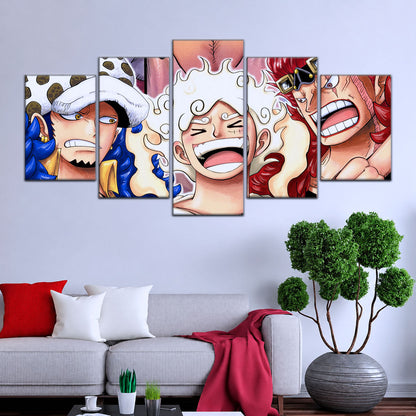 One Piece Wano Trio Canvas Wall Art - Luffy Gear 5, Law & Kid 5 Piece Split Panel Anime Poster - Framed Ready to Hang Living Room & Man Cave Decor - OP5009