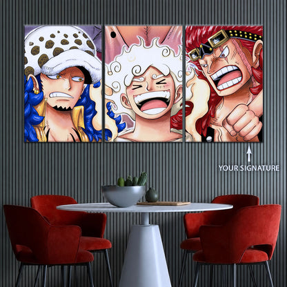 One Piece Wano Trio Canvas Wall Art - Luffy Gear 5, Law & Kid 5 Piece Split Panel Anime Poster - Framed Ready to Hang Living Room & Man Cave Decor - OP5009
