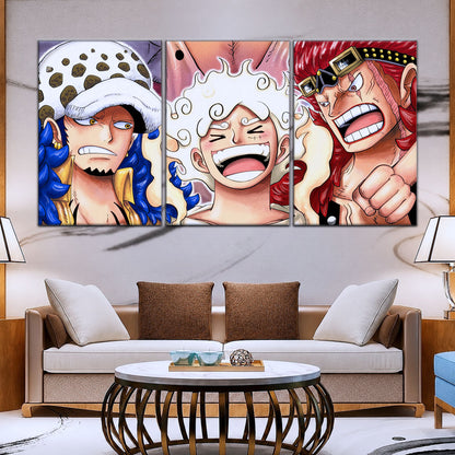 One Piece Wano Trio Canvas Wall Art - Luffy Gear 5, Law & Kid 5 Piece Split Panel Anime Poster - Framed Ready to Hang Living Room & Man Cave Decor - OP5009