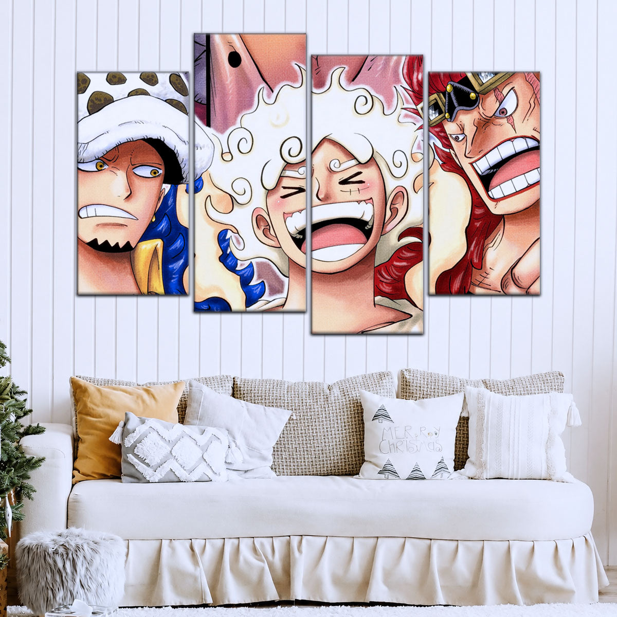 One Piece Wano Trio Canvas Wall Art - Luffy Gear 5, Law & Kid 5 Piece Split Panel Anime Poster - Framed Ready to Hang Living Room & Man Cave Decor - OP5009