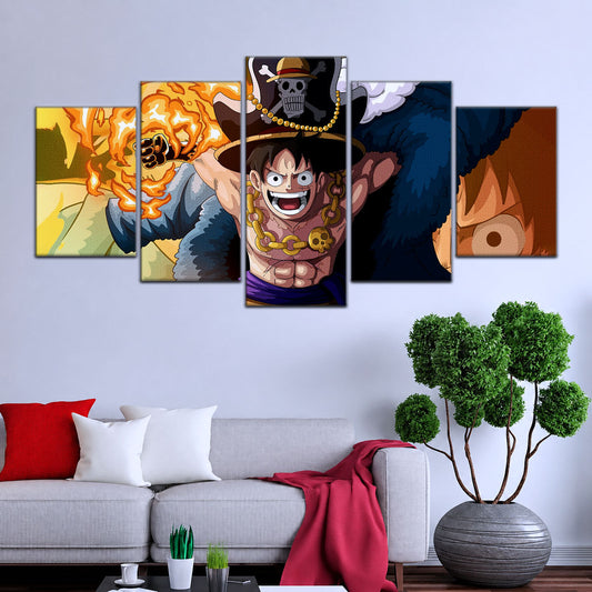 One Piece Canvas Wall Art - Gear Fourth Luffy Unleashed 5 Piece Split Panel Anime Poster - Framed Ready to Hang Living Room & Man Cave Decor - OP5013