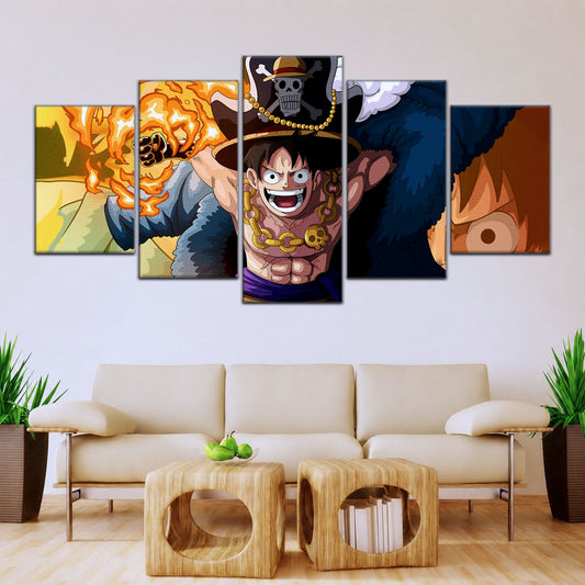 One Piece Canvas Wall Art - Gear Fourth Luffy Unleashed 5 Piece Split Panel Anime Poster - Framed Ready to Hang Living Room & Man Cave Decor - OP5013