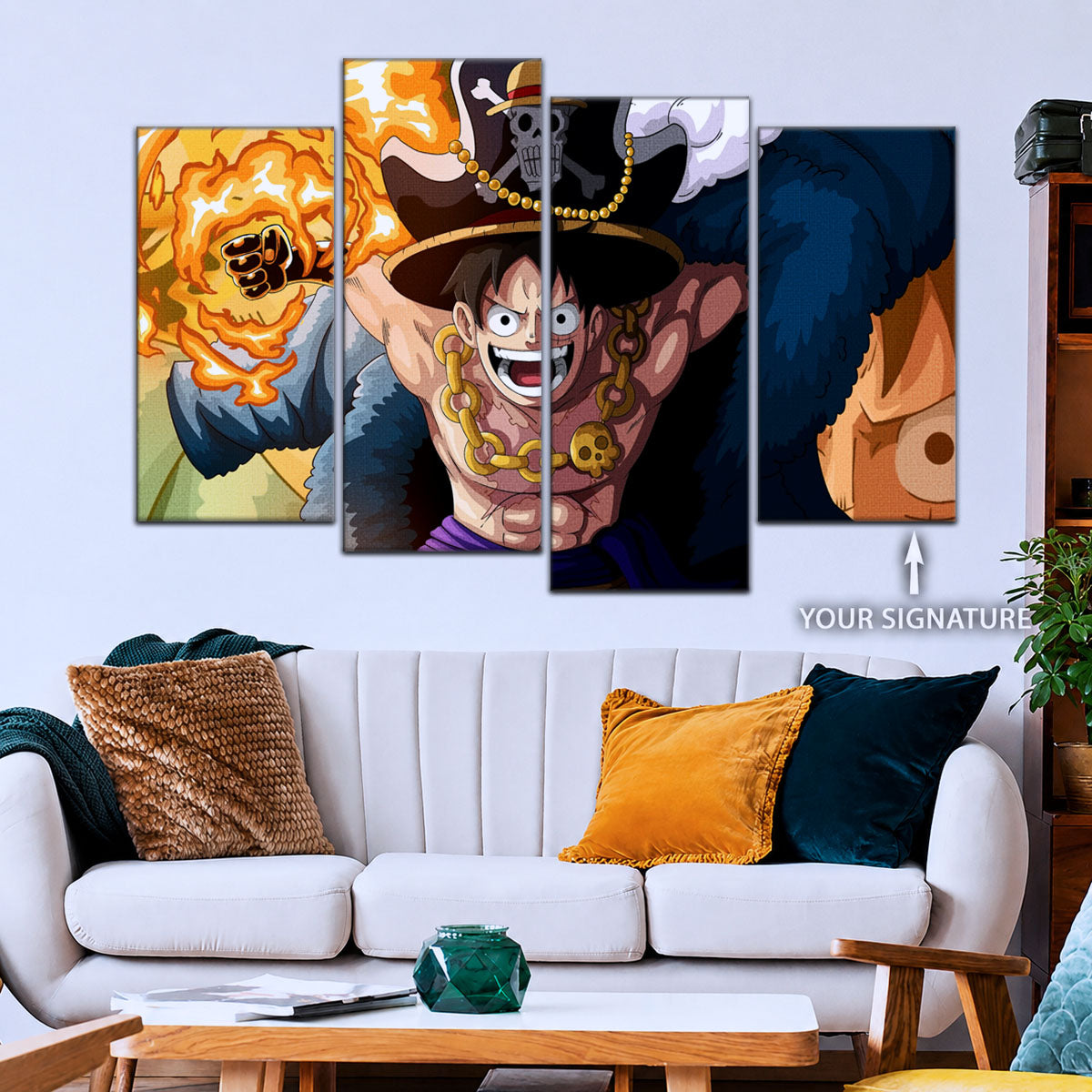 One Piece Canvas Wall Art - Gear Fourth Luffy Unleashed 5 Piece Split Panel Anime Poster - Framed Ready to Hang Living Room & Man Cave Decor - OP5013