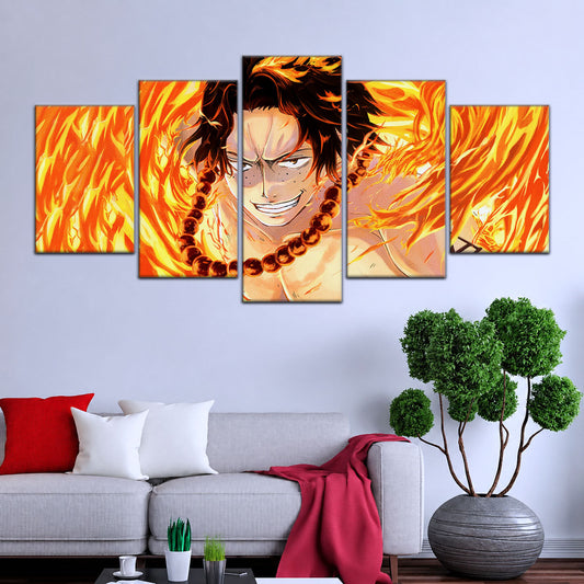 One Piece Canvas Wall Art - Portgas D. Ace Fire Fist 5 Piece Split Panel Anime Poster - Framed Ready to Hang Living Room & Man Cave Decor - OP5015