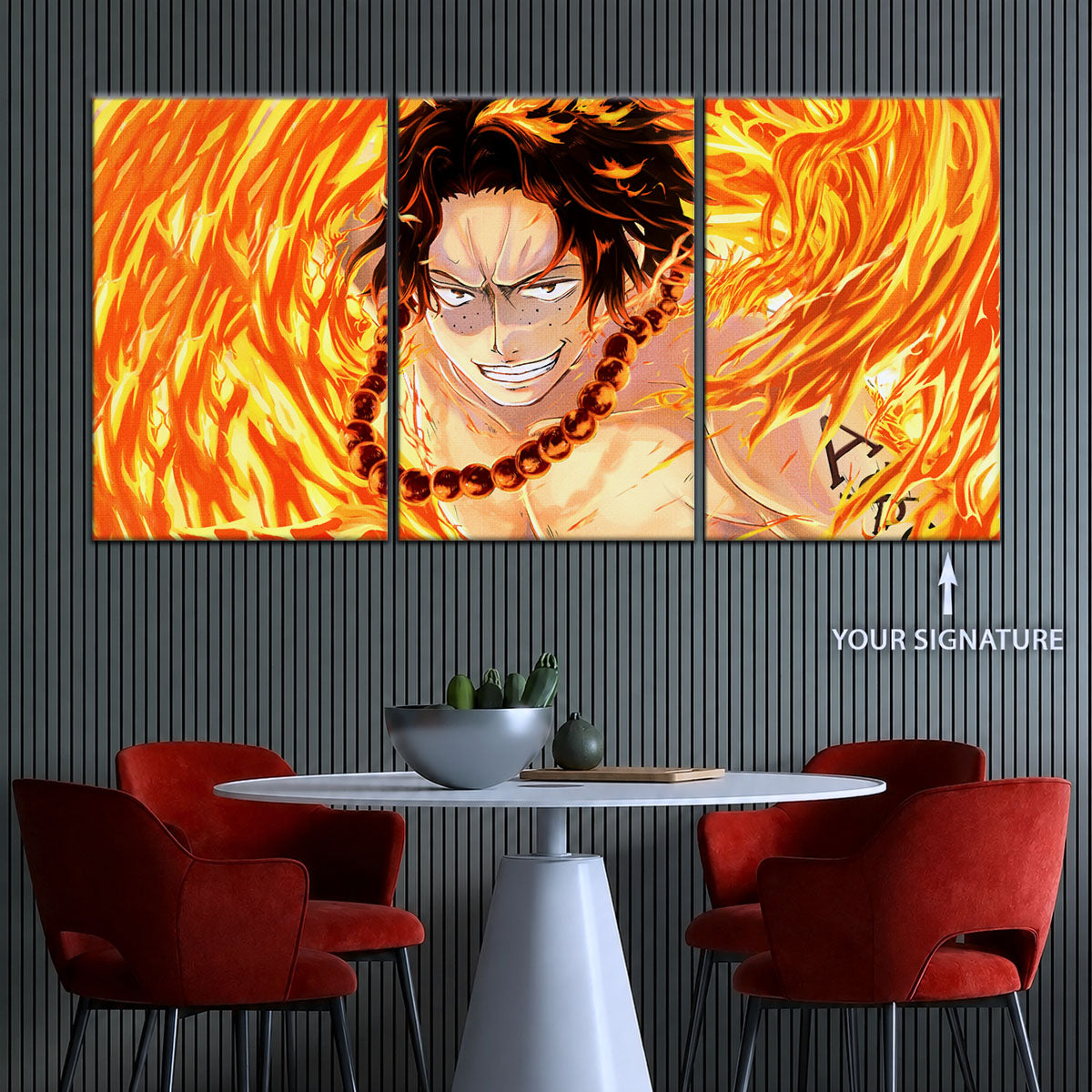 One Piece Canvas Wall Art - Portgas D. Ace Fire Fist 5 Piece Split Panel Anime Poster - Framed Ready to Hang Living Room & Man Cave Decor - OP5015