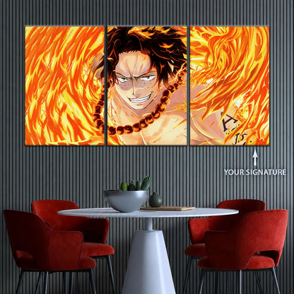 One Piece Canvas Wall Art - Portgas D. Ace Fire Fist 5 Piece Split Panel Anime Poster - Framed Ready to Hang Living Room & Man Cave Decor - OP5015