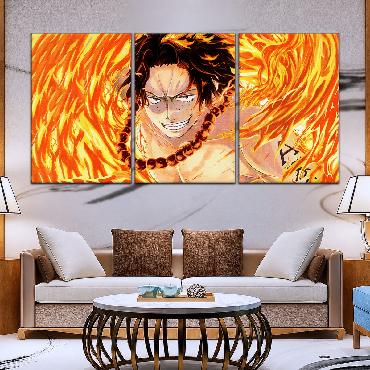 One Piece Canvas Wall Art - Portgas D. Ace Fire Fist 5 Piece Split Panel Anime Poster - Framed Ready to Hang Living Room & Man Cave Decor - OP5015