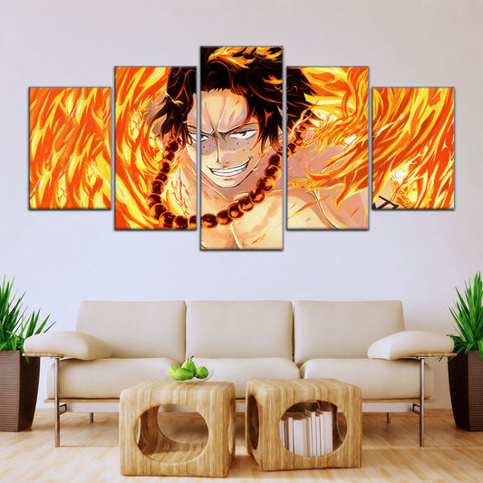 One Piece Canvas Wall Art - Portgas D. Ace Fire Fist 5 Piece Split Panel Anime Poster - Framed Ready to Hang Living Room & Man Cave Decor - OP5015