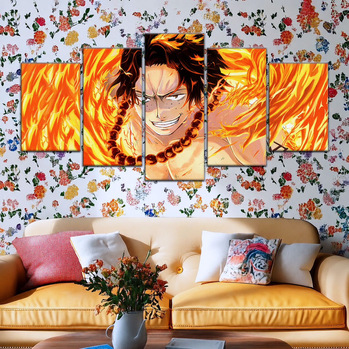 One Piece Canvas Wall Art - Portgas D. Ace Fire Fist 5 Piece Split Panel Anime Poster - Framed Ready to Hang Living Room & Man Cave Decor - OP5015