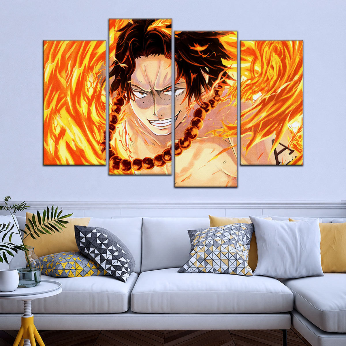 One Piece Canvas Wall Art - Portgas D. Ace Fire Fist 5 Piece Split Panel Anime Poster - Framed Ready to Hang Living Room & Man Cave Decor - OP5015