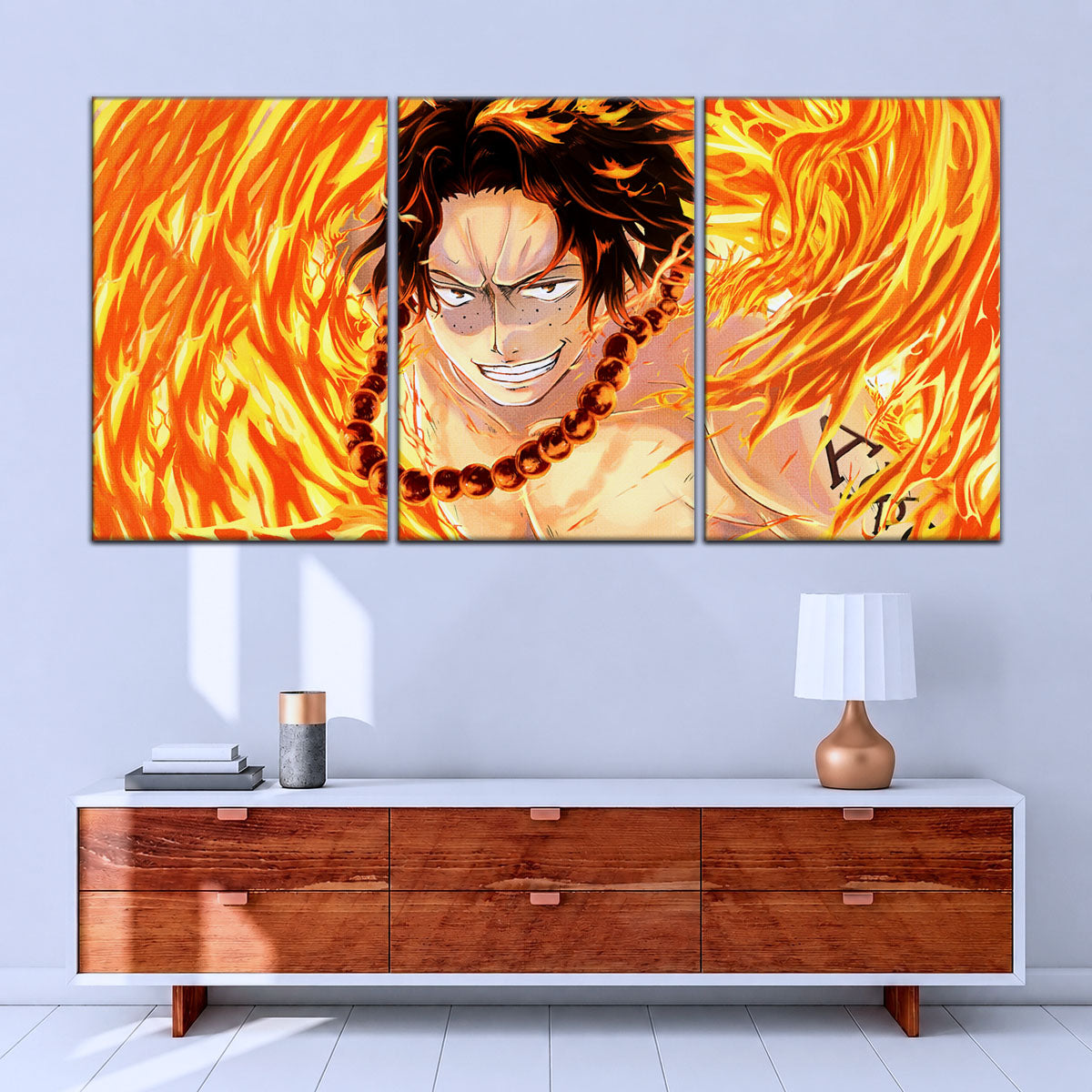 One Piece Canvas Wall Art - Portgas D. Ace Fire Fist 5 Piece Split Panel Anime Poster - Framed Ready to Hang Living Room & Man Cave Decor - OP5015
