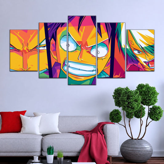 One Piece Canvas Wall Art - Monster Trio Luffy, Zoro & Sanji 5 Piece Split Panel Anime Poster - Framed Ready to Hang Living Room & Man Cave Decor - OP5016