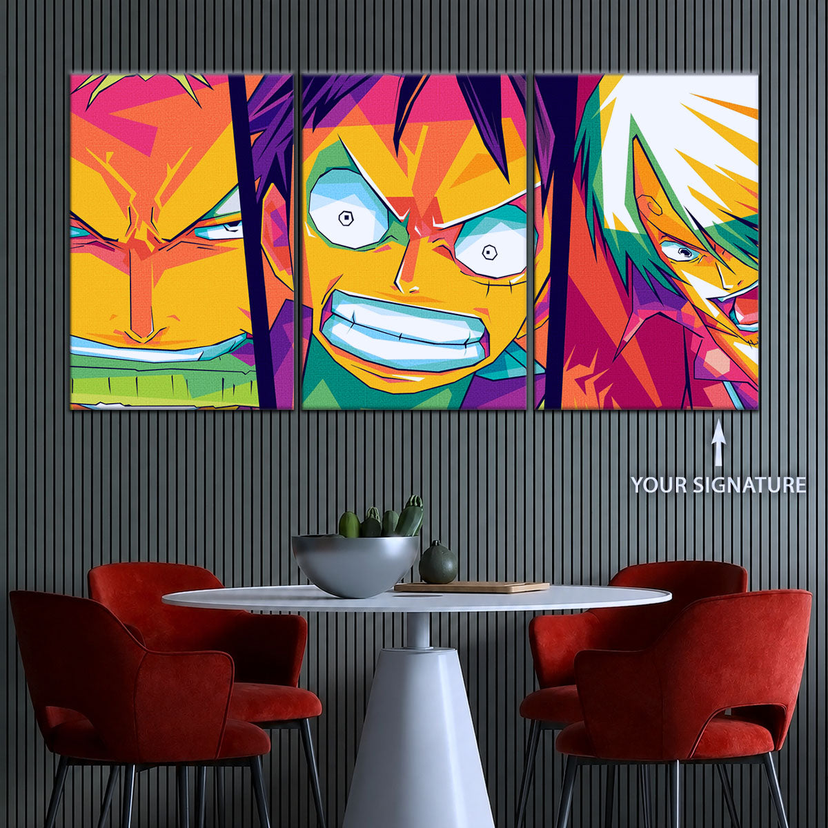 One Piece Canvas Wall Art - Monster Trio Luffy, Zoro & Sanji 5 Piece Split Panel Anime Poster - Framed Ready to Hang Living Room & Man Cave Decor - OP5016