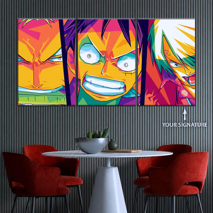 One Piece Canvas Wall Art - Monster Trio Luffy, Zoro & Sanji 5 Piece Split Panel Anime Poster - Framed Ready to Hang Living Room & Man Cave Decor - OP5016