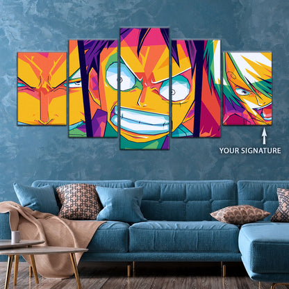 One Piece Canvas Wall Art - Monster Trio Luffy, Zoro & Sanji 5 Piece Split Panel Anime Poster - Framed Ready to Hang Living Room & Man Cave Decor - OP5016