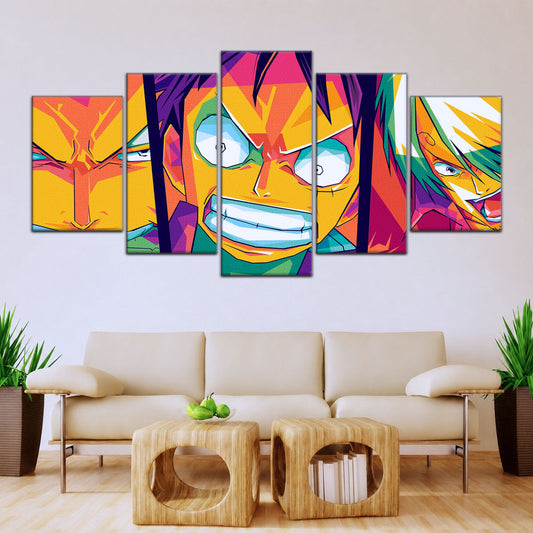 One Piece Canvas Wall Art - Monster Trio Luffy, Zoro & Sanji 5 Piece Split Panel Anime Poster - Framed Ready to Hang Living Room & Man Cave Decor - OP5016