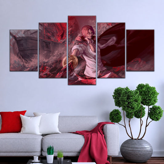 One Piece Canvas Wall Art - Red Hair Shanks 5 Piece Split Panel Anime Poster - Framed Ready to Hang Living Room & Man Cave Decor - OP5017