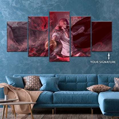One Piece Canvas Wall Art - Red Hair Shanks 5 Piece Split Panel Anime Poster - Framed Ready to Hang Living Room & Man Cave Decor - OP5017