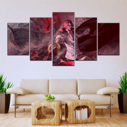 One Piece Canvas Wall Art - Red Hair Shanks 5 Piece Split Panel Anime Poster - Framed Ready to Hang Living Room & Man Cave Decor - OP5017