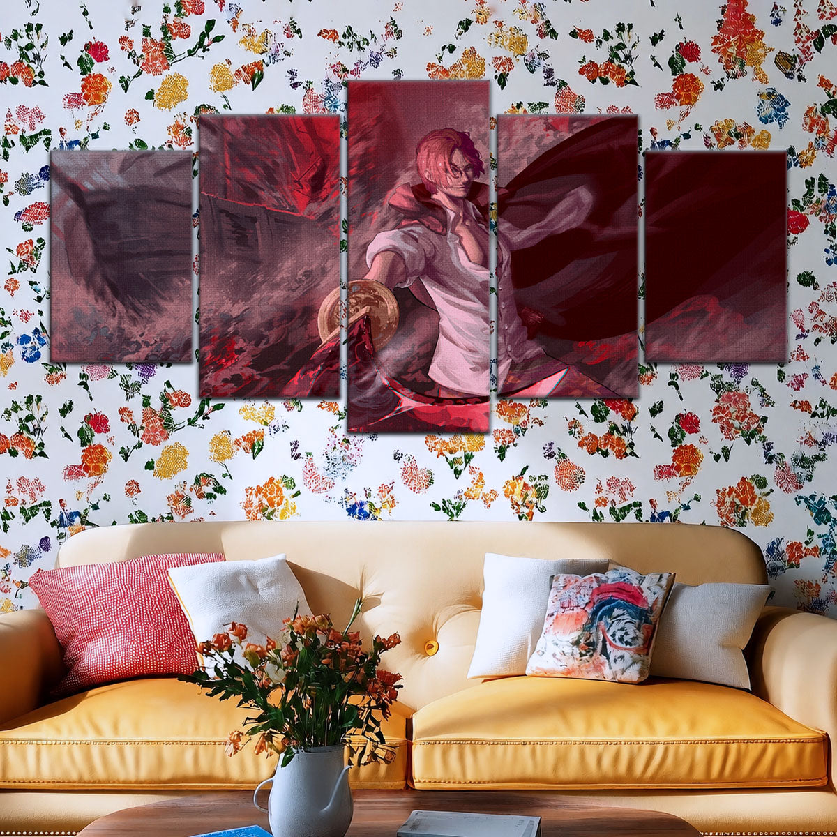 One Piece Canvas Wall Art - Red Hair Shanks 5 Piece Split Panel Anime Poster - Framed Ready to Hang Living Room & Man Cave Decor - OP5017