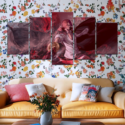 One Piece Canvas Wall Art - Red Hair Shanks 5 Piece Split Panel Anime Poster - Framed Ready to Hang Living Room & Man Cave Decor - OP5017