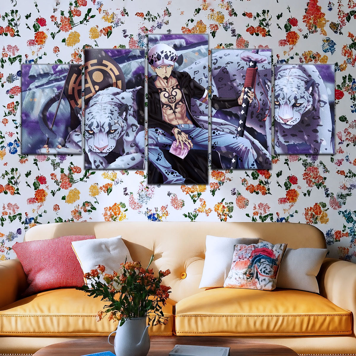 One Piece Canvas Wall Art - Trafalgar Law 5 Piece Split Panel Anime Poster - Framed Ready to Hang Living Room & Man Cave Decor - OP5018