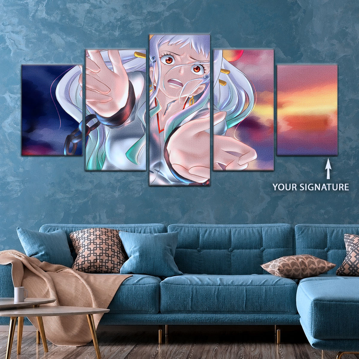 One Piece Canvas Wall Art - Yamato 5 Piece Split Panel Anime Poster - Framed Ready to Hang Living Room & Man Cave Decor - OP5019